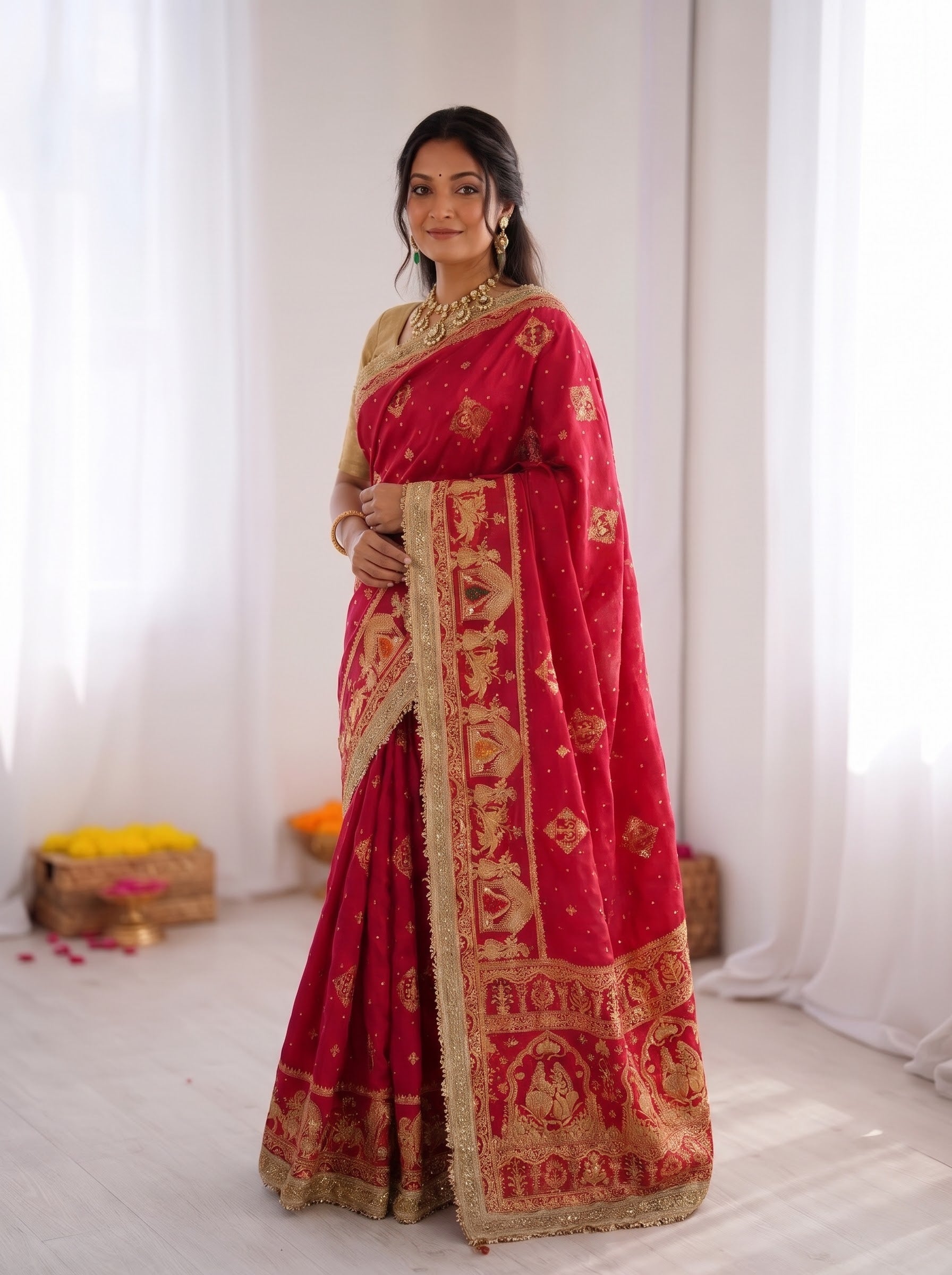 Rani Pink Hand Ghungroo with Meena Work Saree – Satin Jacquard Bridal